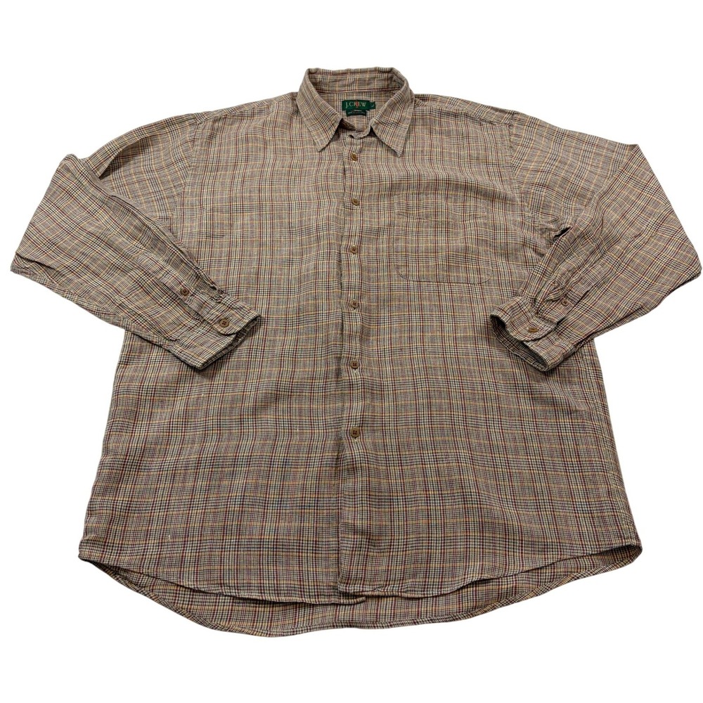 J. Crew Oarsmen VTG Large 100% Linen Button Down Shirt Plaid Long Sleeve